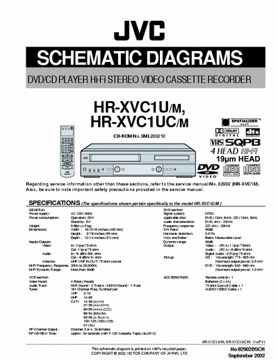 JVC HR-XVC1U/M,HR-XVC1UC/M DVD/CD PLAYER Hi-Fi STEREO VIDEO CASSETTE RECORDER SCHEMATIC DIAGRAMS