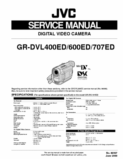 JVC GR-DVL400ED/600/707 Digital video Camera