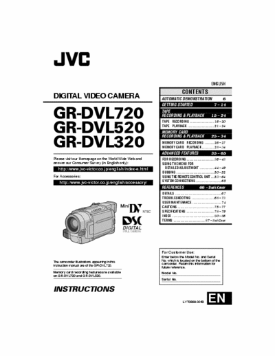 JVC GR-DVL220U GR-DVL220U,DVL320U,DVL520U,
DVL522U,DVL720U
DIGITAL VIDEO CAMERA -
Service Manual, Instruction Manual