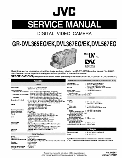 JVC GR-DVL365EG GR-DVL365EG/EK,DVL367EG/EK,DVL567EG
DIGITAL VIDEO CAMERA SERVICE MANUAL,