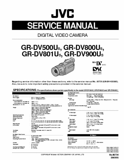 JVC GR-DV500U SCHEMATICS AND SERVICE MANUAL FOR JVC GR-DV500U MINI DV CAMCORDER