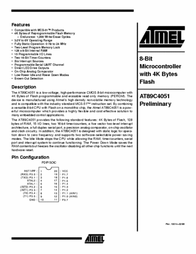 ATMEL 89C4051 8-Bit Microcontoller with 4K Bytes flash