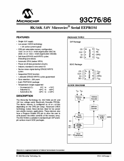 Microchip 93C76/86 93C76/86 8K/16K 5.0V Microwire  Serial EEPROM