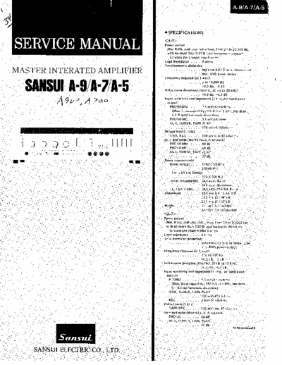 Sansui A9 / A7 / A5 16 page service manual for Sansui master integrated amplifier models A9, A7 & A5.