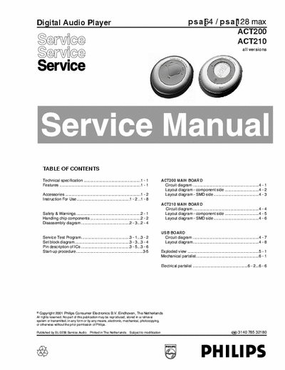 Philips ACT200 Philips Digital Audio Player
Models: ACT200, ACT210
Service Manual