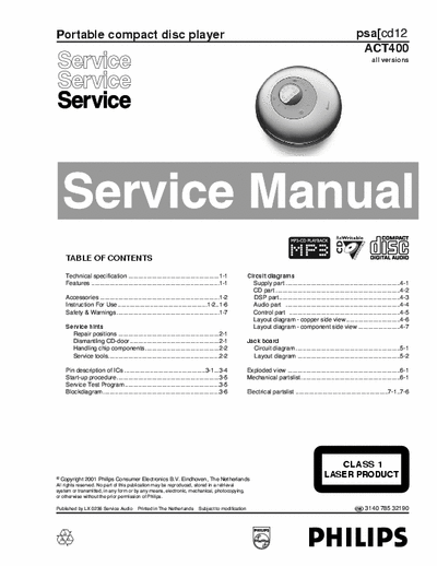 Philips ACT400 Philips compact disc player + mp3
Model: ACT400
Service Manual