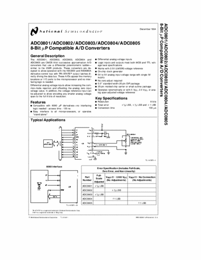 National Semiconductor ADC0804 ADC0801 ADC0802 ADC0803 ADC0804 ADC0805 8-bit A/D converters