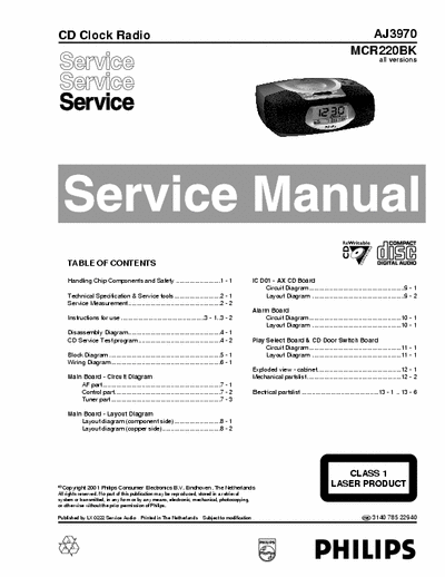 Philips AJ3970 Philips CD Clock Radio
Models: AJ3970, MCR220BK
Service Manual