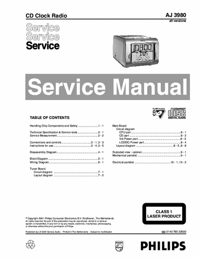 Philips AJ3980 Philips CD Clock Radio
Model: AJ3980
Service Manual