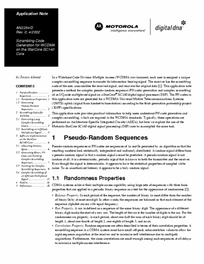 Motorola AN2254/D Application Note
AN2254/D
Rev. 0, 4/2002
Scrambling Code
Generation for WCDMA
on the StarCore SC140