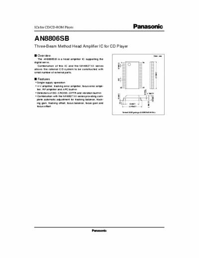 Panasonic AN8806SB AN8806SB
Three-Beam Method Head Amplifier IC for CD Player