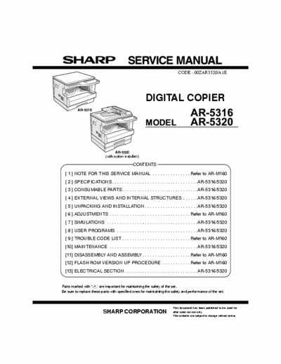Sharp AR-5316 Sharp AR-5316. Digital laser copier service manual.