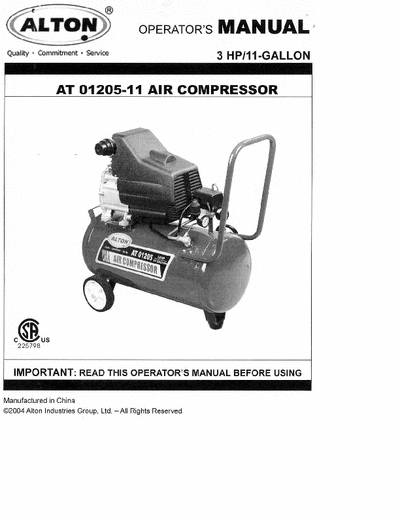 Alton AT01205-11 Alton (Industries Group) Portable Air Compressor 3.0hp 11 gal. tank