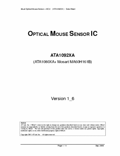 SIGMA Mouse ATA1092XA, MA60H161B Schematic Diagram ( Data Sheet ) Optical Mouse Sensor IC + MCU - Version 1_6 - ATA1080XA - pag. 11