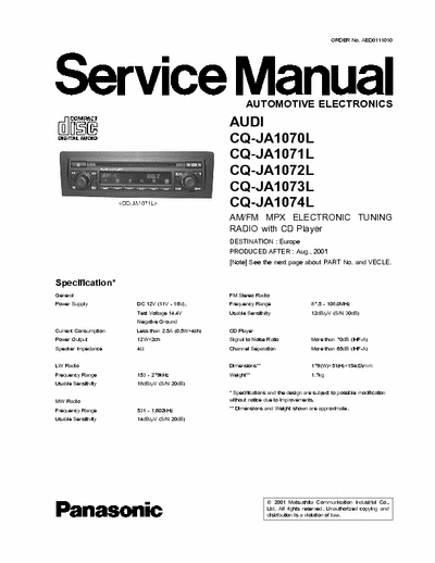 Panasonic AUDI CONCERT CQ-JA1070 Service manual