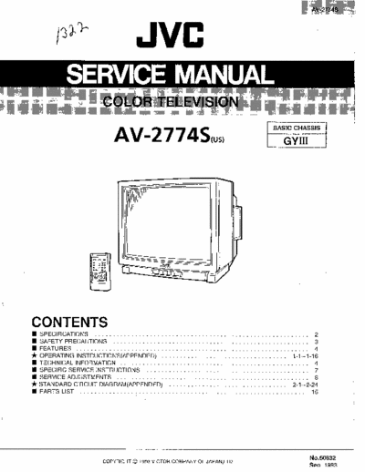 JVC AV-2774S 58 page service manual for JVC color TV (NTSC) model # AV-2774S. Chassis # GY III