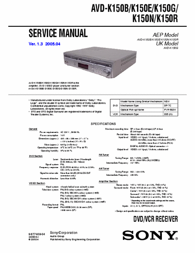 SONY AVD-K150 AVD-K150B/K150E/K150G/
K150N/K150R