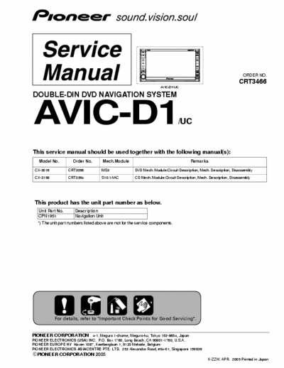 Pioneer AVIC-D1 Double-DIN GPS Navigation System / CD player head unit