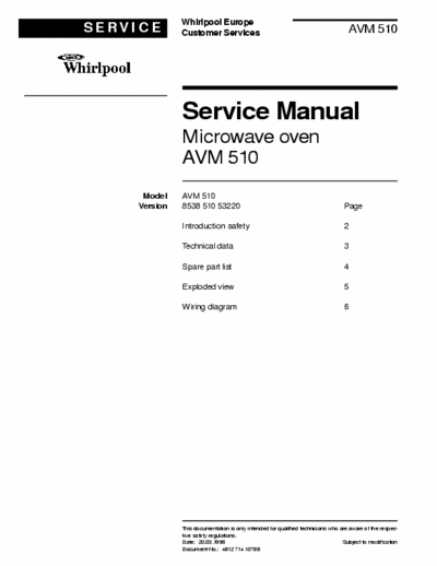 whirlpool AVM510 whirlpool AVM510 service manual