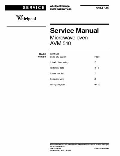 whirlpool AVM510 whirlpool AVM510 service manual