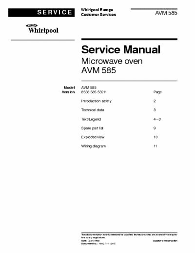 whirlpool AVM585 whirlpool AVM585 service manual