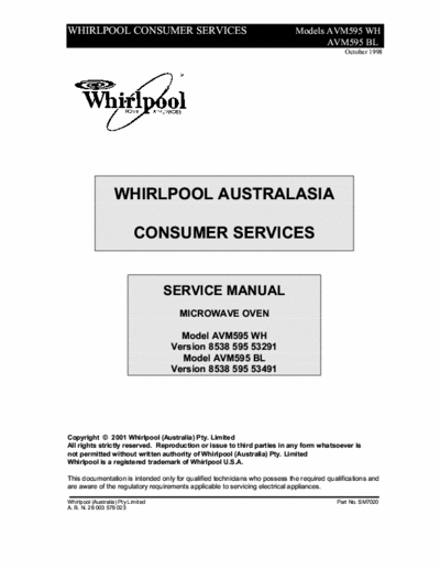 whirlpool AVM595WH whirlpool AVM595WH service manual