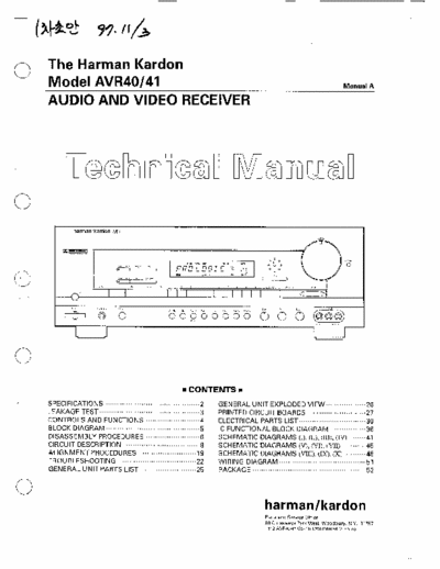 Harman Kardon AVR40 70 page technical manual (manual A) for Harmon Kardon audio and video receiver mdls# AVR40 & AVR41.