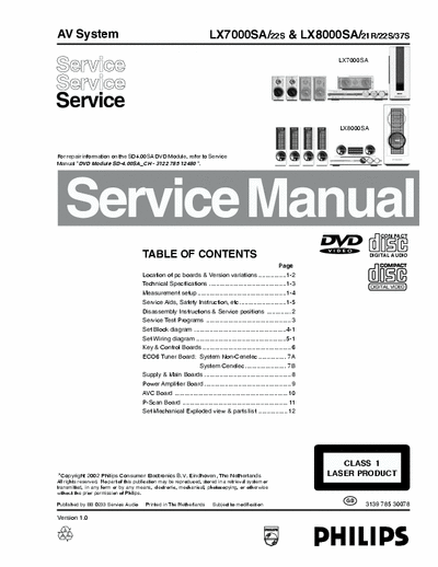 Philips LX7000SA Philips AV System
Models: LX7000SA, LX8000SA
Service Manual