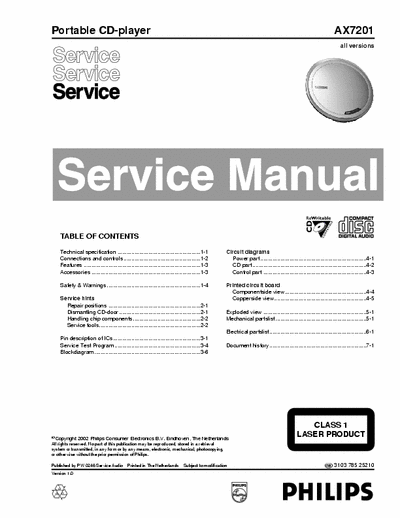 Philips AX7201 Philips Portable CD Player
Model: AX7201
Service Manual