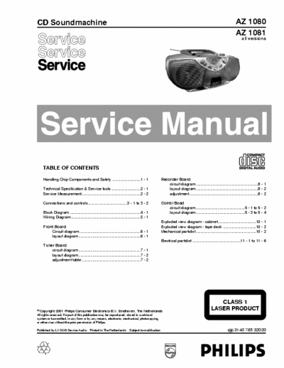 Philips AZ1080 Philips CD Soundmachine
Models: AZ1080, AZ1081
Service Manual