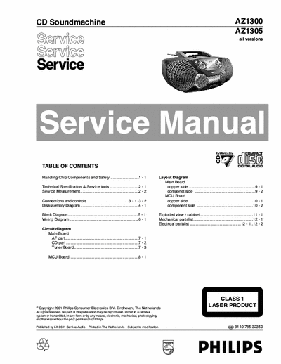 Philips AZ1300 Philips CD SoundMachine
Models: AZ1300, AZ1305
Service Manual