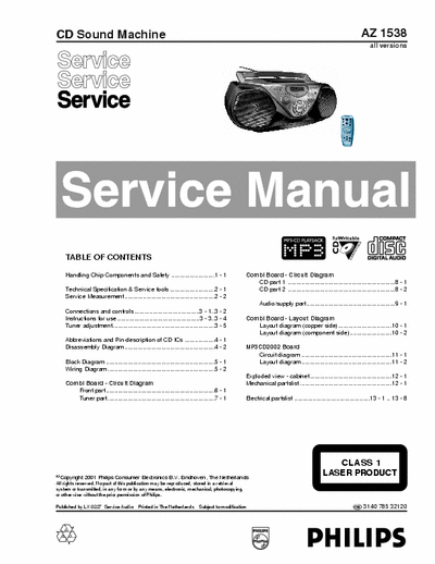 Philips AZ1538 Philips CD Sound Machine + MP3
Models: AZ1538
Service Manual