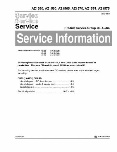 Philips AZ1550, AZ1560, AZ1565, AZ1570, AZ1574, AZ1575 Service Information Prod. Serv. Group CE Audio A02-552 (2002-04-20) - (4.154Kb) Part 1/2 - pag. 6