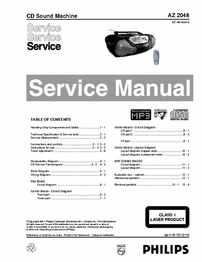 Philips AZ2048 Philips CD MP3 Sound Machine
Model: AZ2048
Service Manual