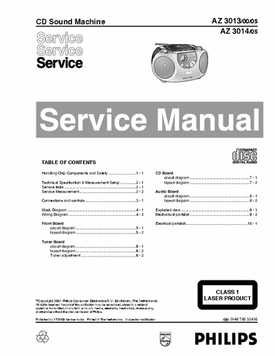 Philips AZ3013 Philips CD SoundMachine
Models: AZ3013, AZ3014
Service Manual