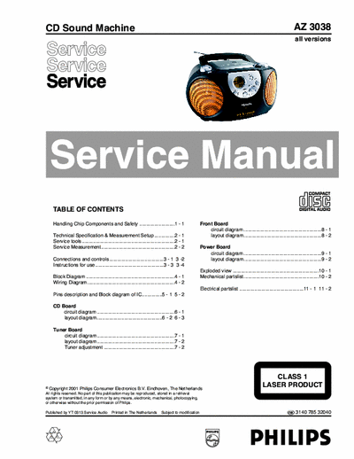 Philips AZ3038 Philips CD Soundmachne
Model: AZ3038
Service Manual