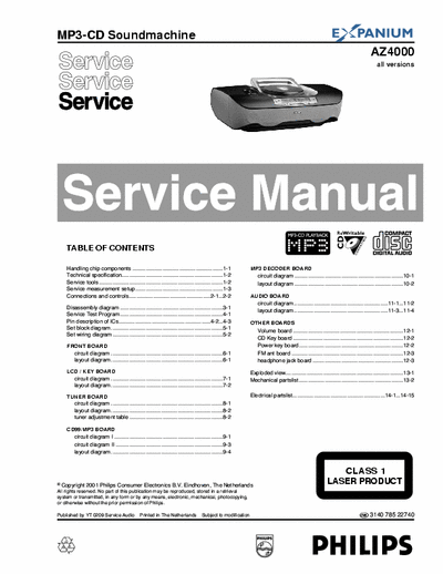 Philips AZ4000 Philips MP3 CD Soundmachine
Model: Expanium AZ4000
Service Manual