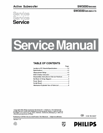 Philips SW3000 Philips Active Subwoofer
Models: SW3000, SW3500
Service Manual