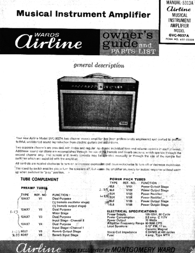 Wards Airline GVC-9027A Silvertone Musical Instruments Amplifier owners guide and parts list