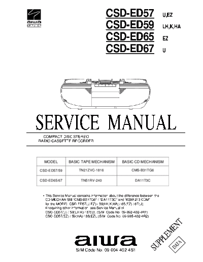 Aiwa CSD-ED57 CSD-ED59 CSD-ED65 CSD-ED67 COMPACT DISC STEREO
RADIO CASSETTE RECORDER Service Manual