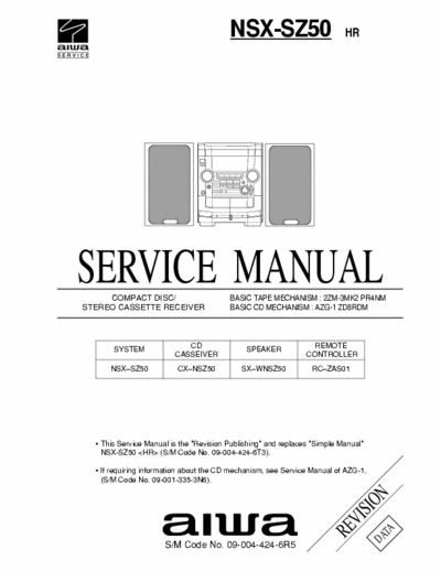 Aiwa NSX-SZ50 Aiwa NSX-SZ50 service manual
COMPACT DISC / STEREO CASSETTE RECEIVER