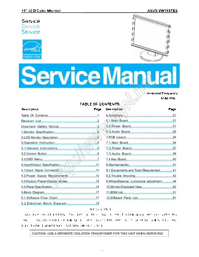 Asus VW193T, VW193S Service manual for the LCD monitors Asus VW193T & VW193S.