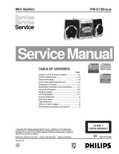 Philips FW-C155 Philips Mini System
Model: FW-C155
Service Manual