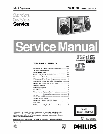 Philips FW-C390 Philips Mini Audio System
Model: FW-C390
Service Manual