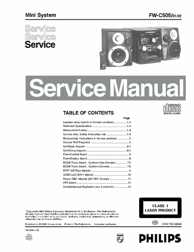 Philips FW-C505 Philips Mini Audio System
Model: FW-C505
Service Manual