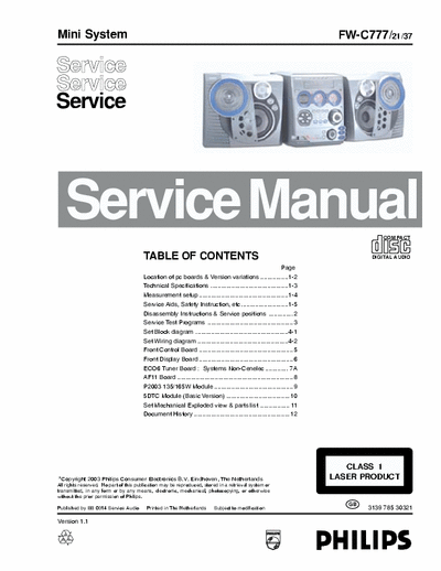 Philips FW-C777 Philips Mini System
Models: FW-C777
Service Manual