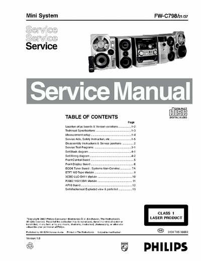 Philips FW-C798 Philips Mini System
Model: FW-C798
Service Manual