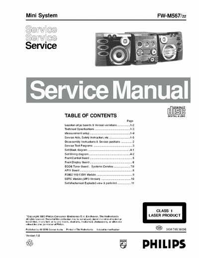 Philips FW-M567 Philips Mini System
Models: FW-M567
Service Manual