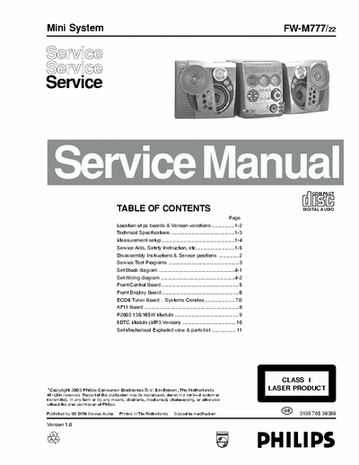 Philips FW-M777 Philips Mini System
Model: FW-M777
Service Manual