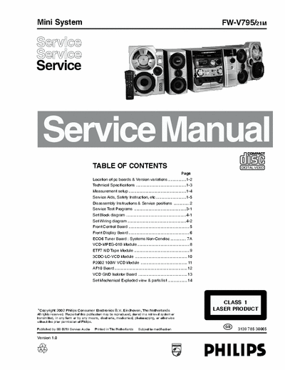 Philips FW-V795 Philips Mini Audio System
Model: FW-V795
Service Manual